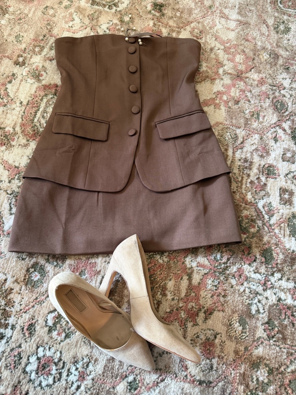 Windsor Brown Strapless Button-Front Mini Dress with Flap Pockets